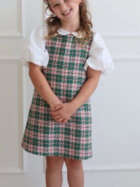 Hollis Baker 2T Green/Pink Plaid Tweed-Inspired Dress